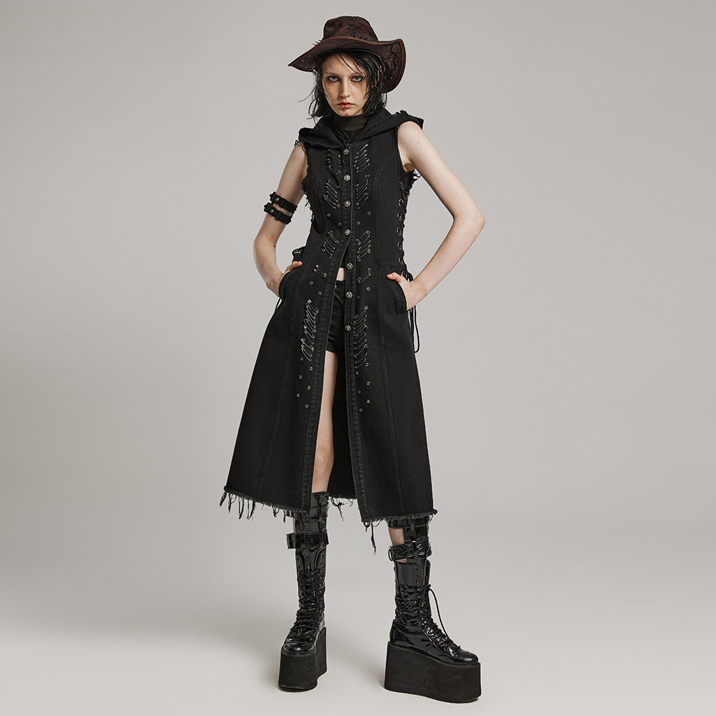 WY-1574MJF Punk Rave Punk Vest Sleeveless Long Hooded Denim Vest with Distressed Details?-??Punk Rave Clothing
