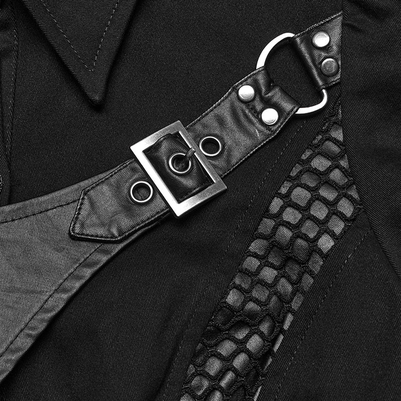 WY-1575CDF Punk Rave Punk Shirt Asymmetrical Mesh Panel Top with Faux Leather Straps?-??Punk Rave Clothing