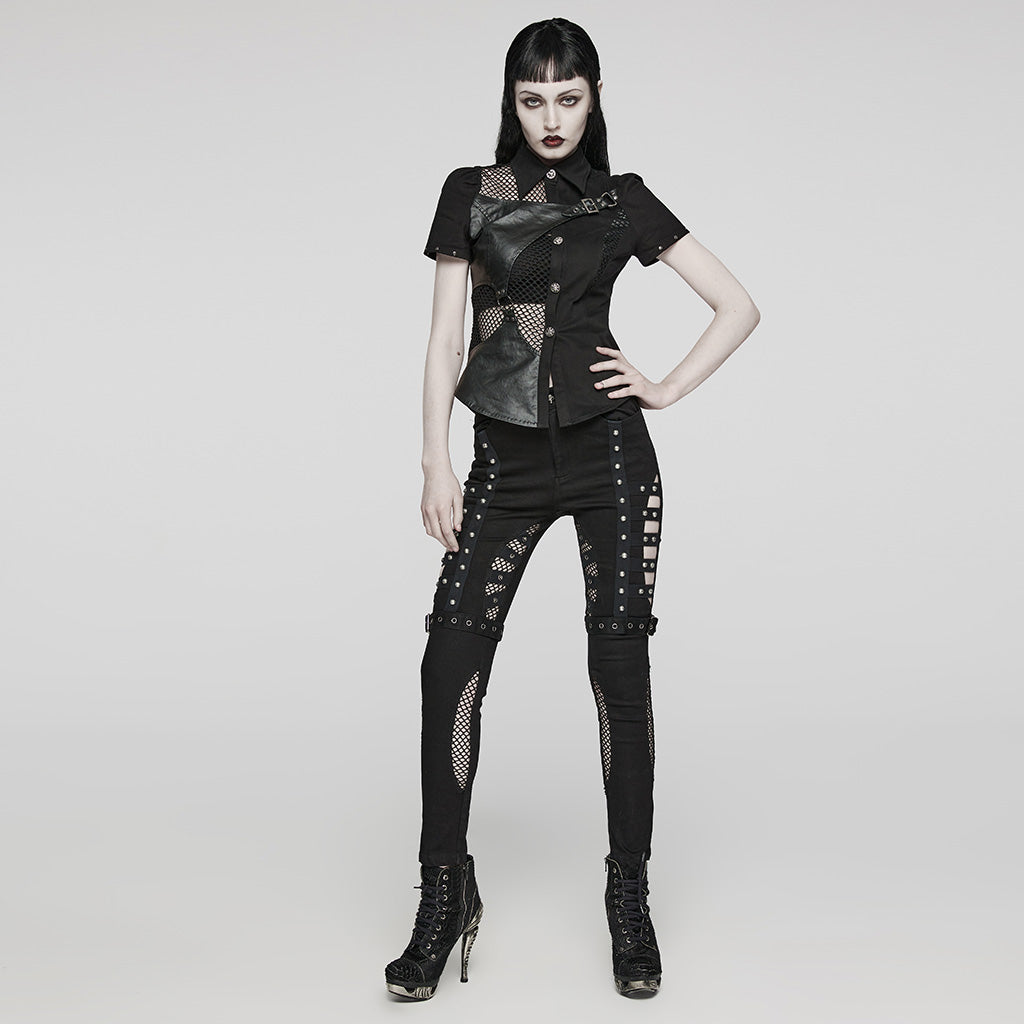 WY-1575CDF Punk Rave Punk Shirt Asymmetrical Mesh Panel Top with Faux Leather Straps?-??Punk Rave Clothing