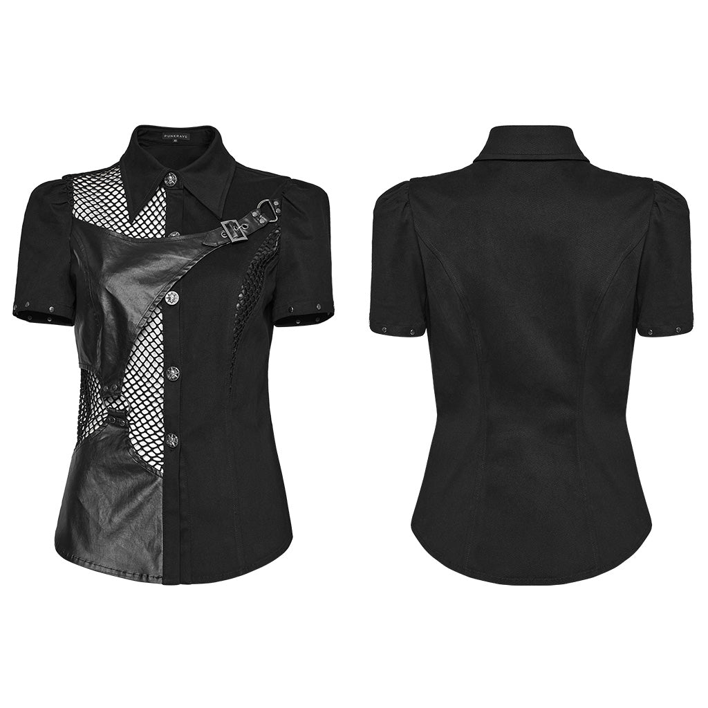 WY-1575CDF Punk Rave Punk Shirt Asymmetrical Mesh Panel Top with Faux Leather Straps?-??Punk Rave Clothing