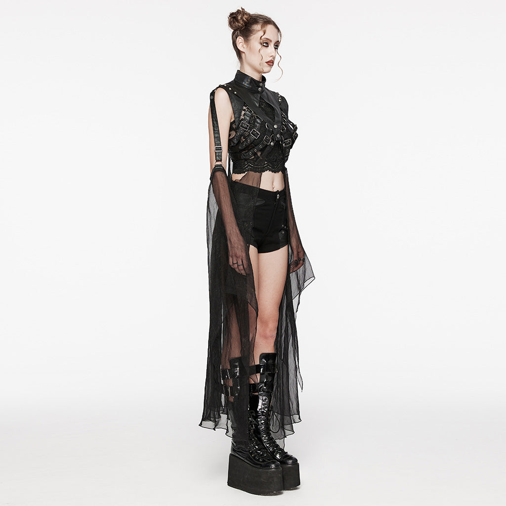 WY-1578DPF Gothic Mesh Layered Punk Jacket with Studded Harness Details?-??Punk Rave Clothing