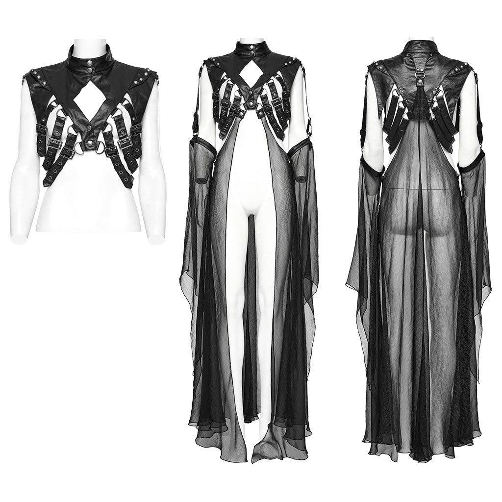 WY-1578DPF Gothic Mesh Layered Punk Jacket with Studded Harness Details?-??Punk Rave Clothing
