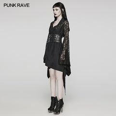 WY-1581XCF Punk Rave Lolita Coat Asymmetrical Gothic Dress with Lace Sleeves and Buckle Belt