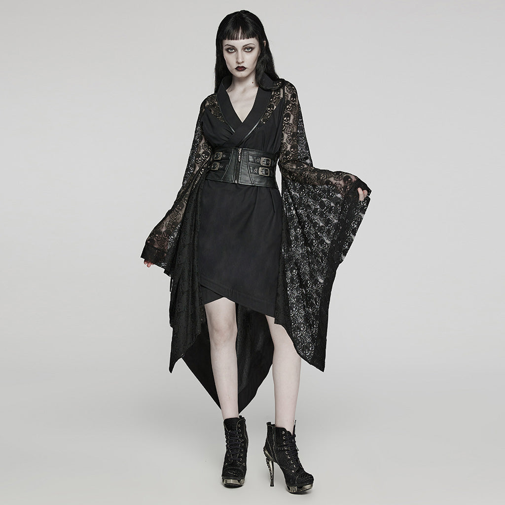 WY-1581XCF Punk Rave Lolita Coat Asymmetrical Gothic Dress with Lace Sleeves and Buckle Belt