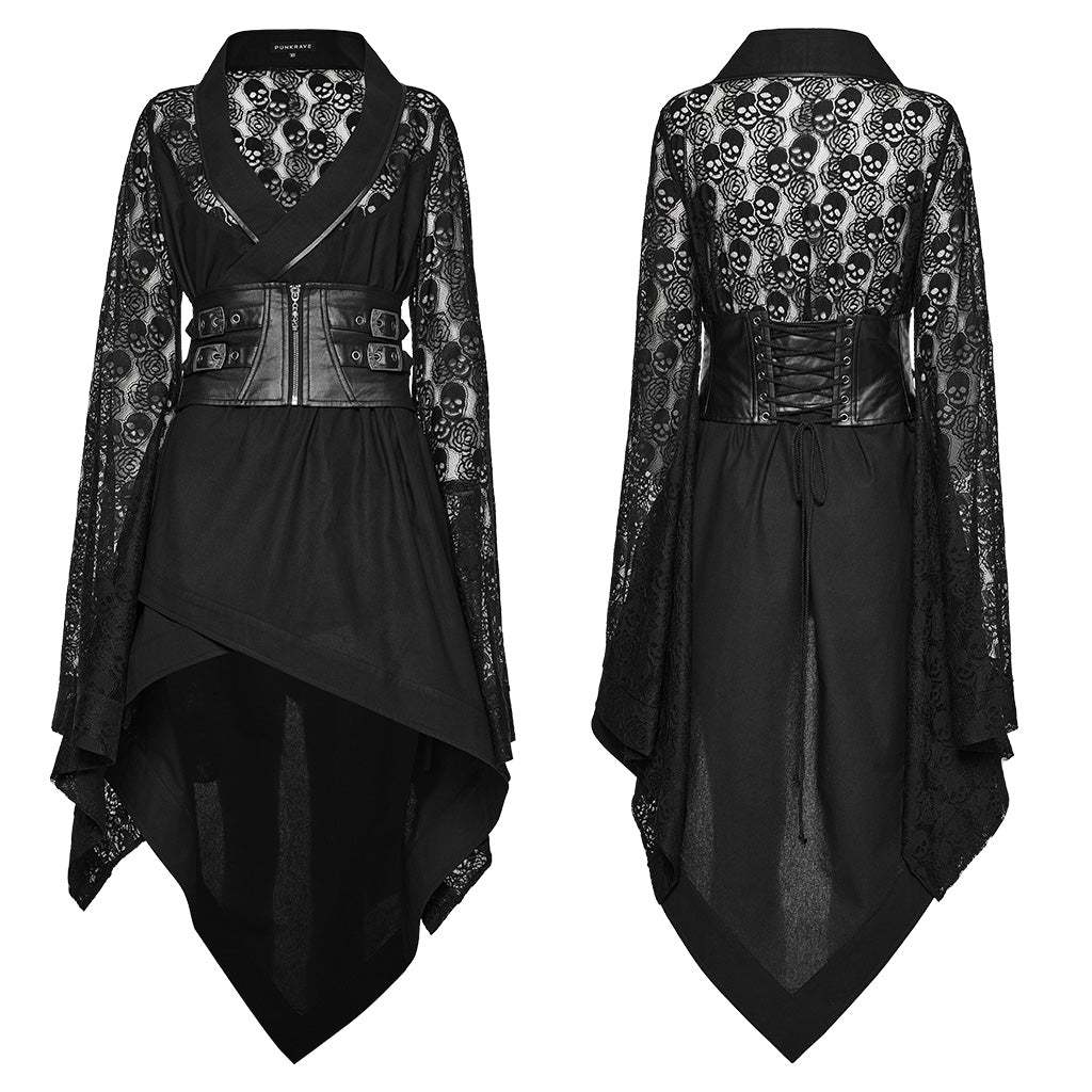 WY-1581XCF Punk Rave Lolita Coat Asymmetrical Gothic Dress with Lace Sleeves and Buckle Belt