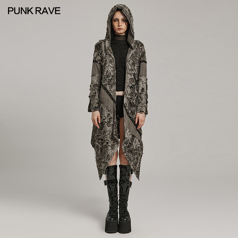 WY-1586ZCF Punk Rave Gothic Hooded Coat Long Asymmetrical Open-Front Jacket with Textured Detail