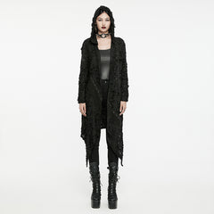 WY-1586ZCF Punk Rave Gothic Hooded Coat Long Asymmetrical Open-Front Jacket with Textured Detail