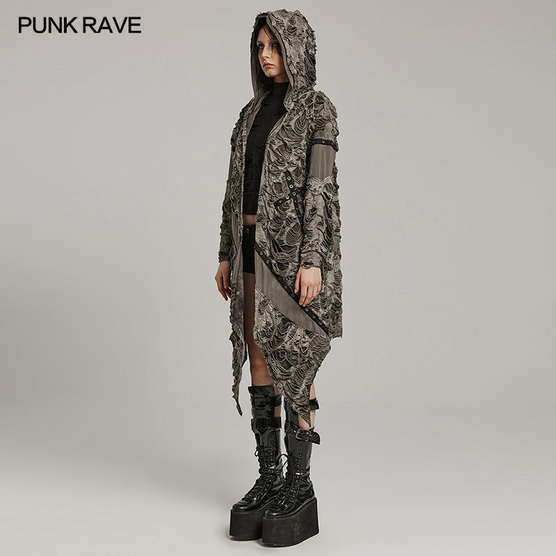 WY-1586ZCF Punk Rave Gothic Hooded Coat Long Asymmetrical Open-Front Jacket with Textured Detail