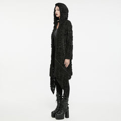 WY-1586ZCF Punk Rave Gothic Hooded Coat Long Asymmetrical Open-Front Jacket with Textured Detail