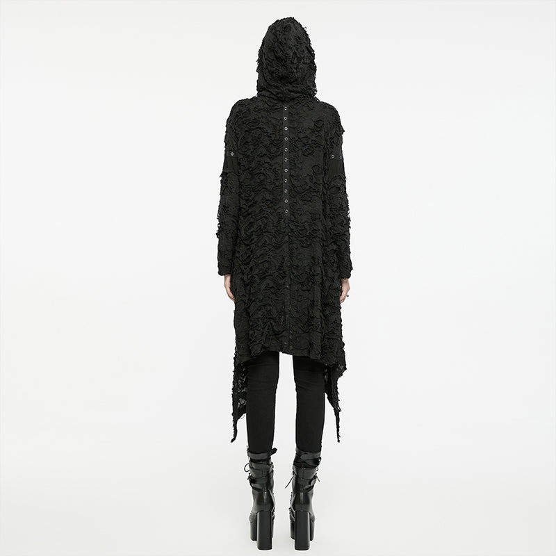 WY-1586ZCF Punk Rave Gothic Hooded Coat Long Asymmetrical Open-Front Jacket with Textured Detail