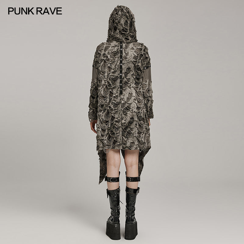 WY-1586ZCF Punk Rave Gothic Hooded Coat Long Asymmetrical Open-Front Jacket with Textured Detail