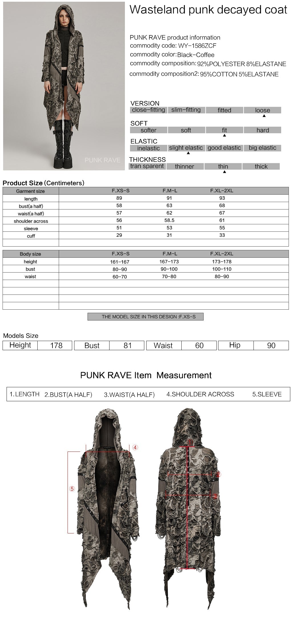 WY-1586ZCF Punk Rave Gothic Hooded Coat Long Asymmetrical Open-Front Jacket with Textured Detail?-??Punk Rave Clothing