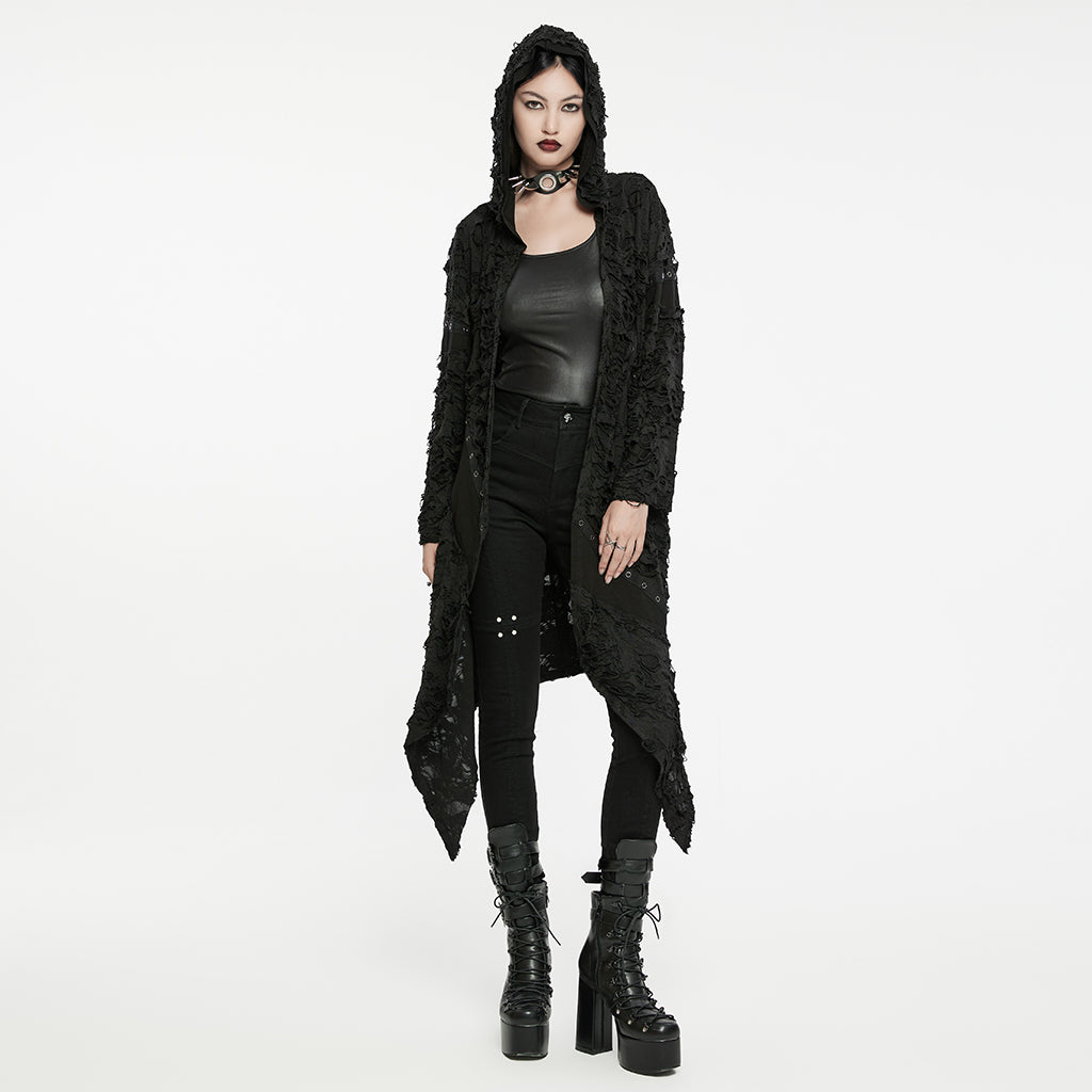 WY-1586ZCF Punk Rave Gothic Hooded Coat Long Asymmetrical Open-Front Jacket with Textured Detail