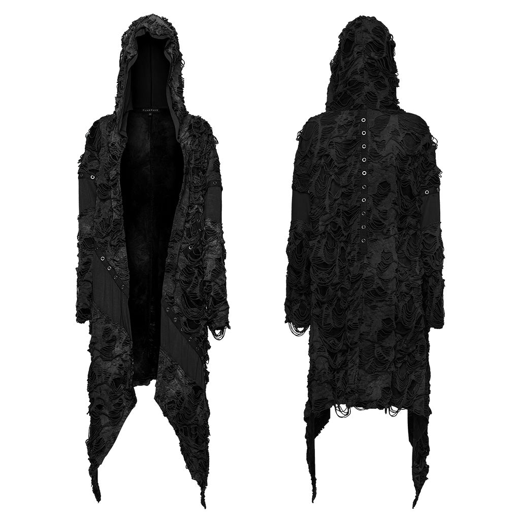 WY-1586ZCF Punk Rave Gothic Hooded Coat Long Asymmetrical Open-Front Jacket with Textured Detail?-??Punk Rave Clothing