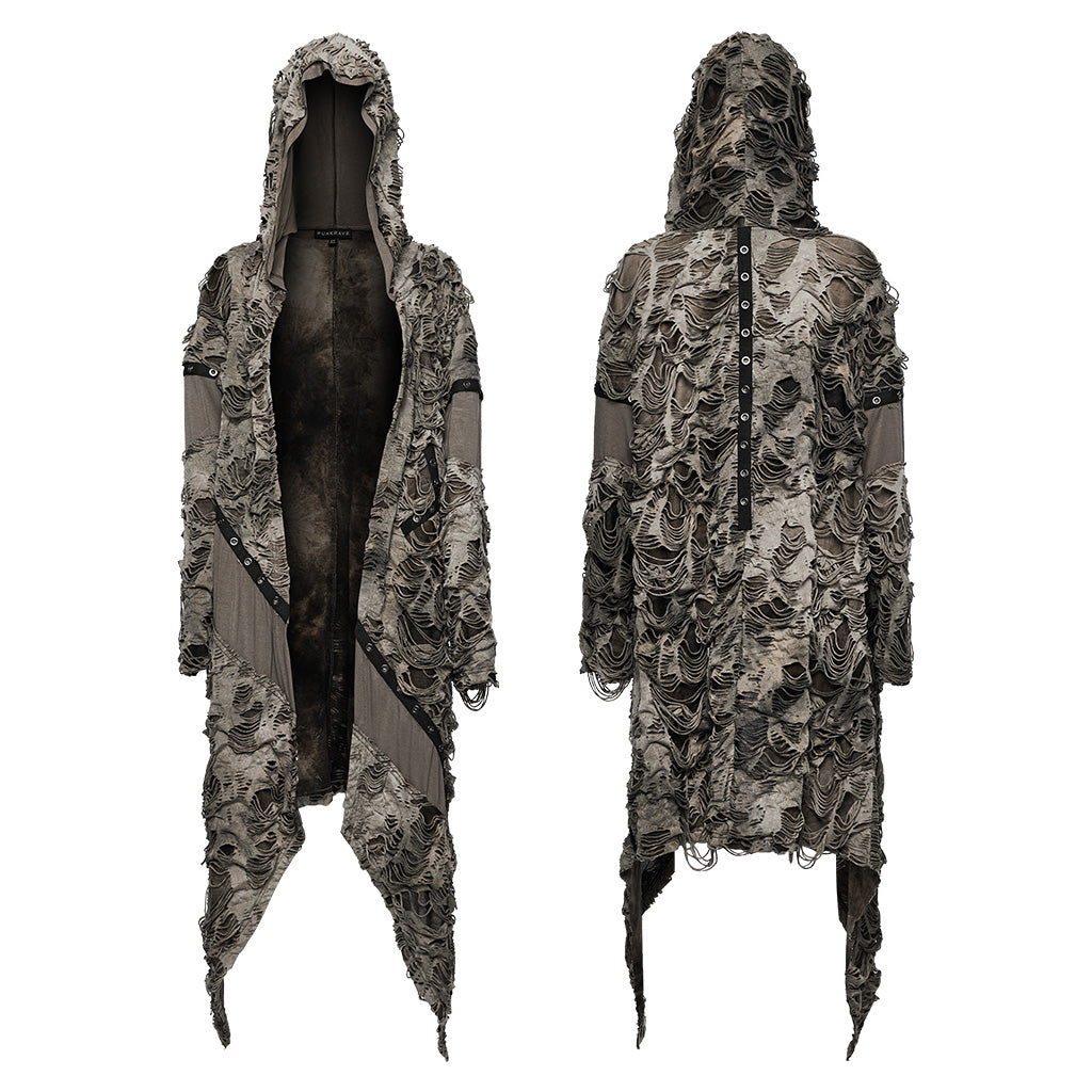WY-1586ZCF Punk Rave Gothic Hooded Coat Long Asymmetrical Open-Front Jacket with Textured Detail?-??Punk Rave Clothing