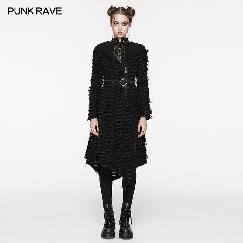 WY-1588XCF Punk Rave Gothic Textured Asymmetrical Coat with Hood and Belt Detail