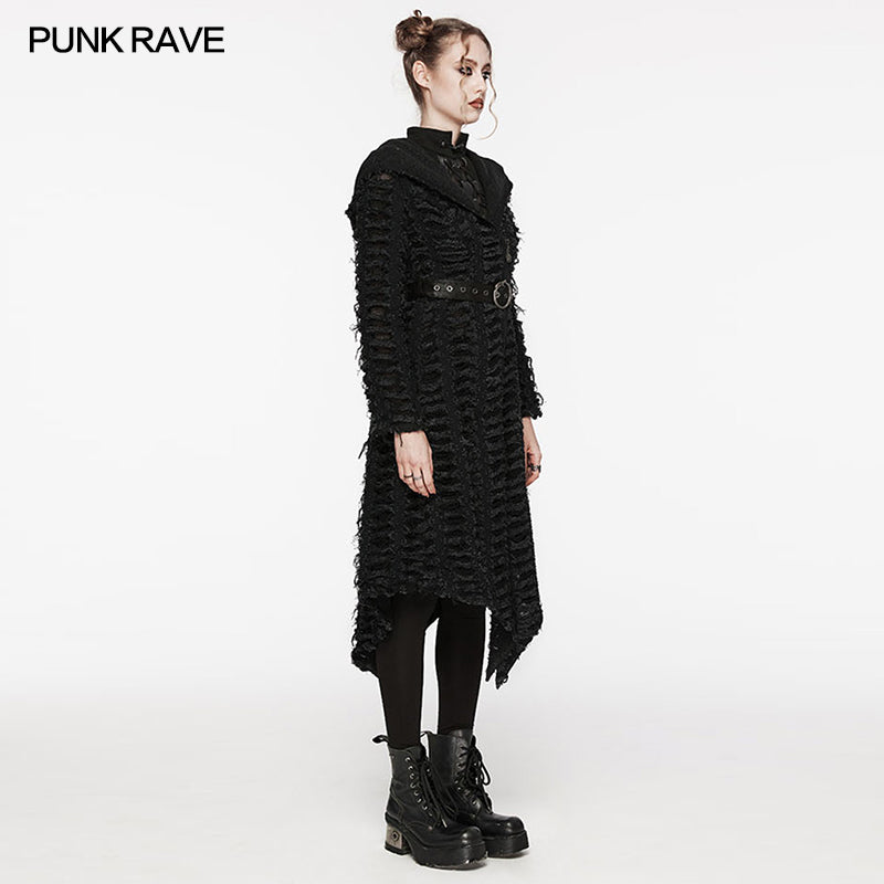 WY-1588XCF Punk Rave Gothic Textured Asymmetrical Coat with Hood and Belt Detail