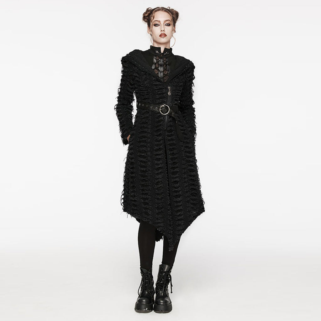 WY-1588XCF Punk Rave Gothic Textured Asymmetrical Coat with Hood and Belt Detail