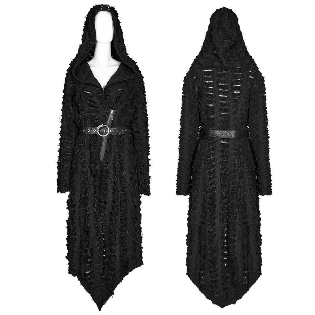 WY-1588XCF Punk Rave Gothic Textured Asymmetrical Coat with Hood and Belt Detail