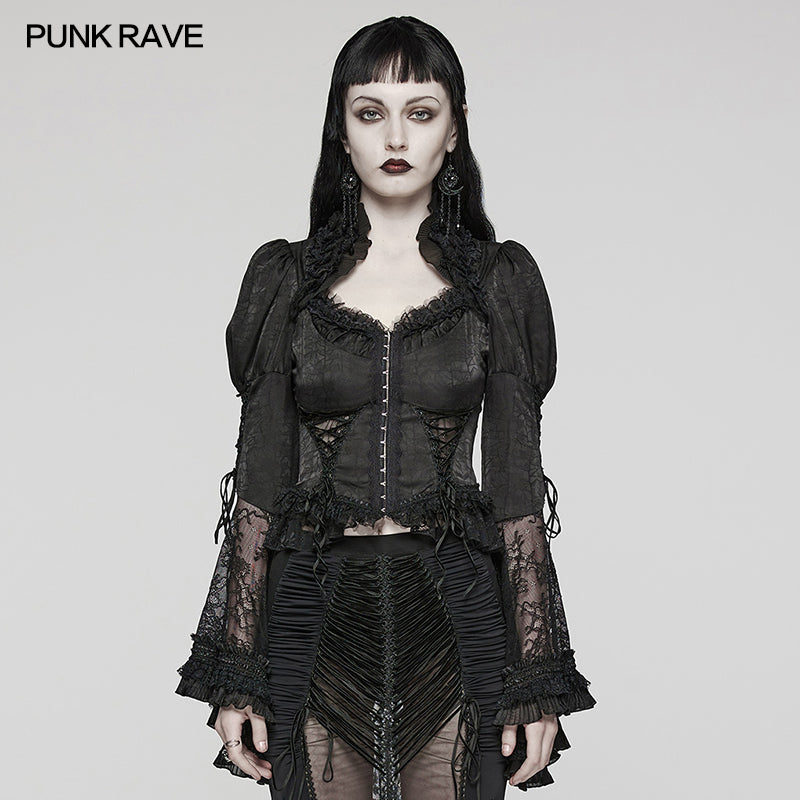 WY-1589CCF Punk Rave Gothic Lace-Up Victorian Blouse with Bell Sleeves?-??Punk Rave Clothing