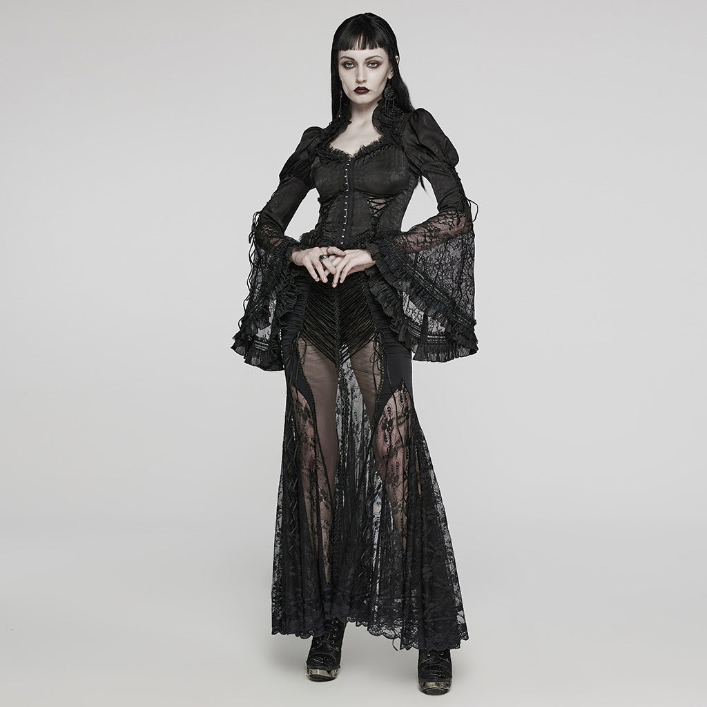 WY-1589CCF Punk Rave Gothic Lace-Up Victorian Blouse with Bell Sleeves?-??Punk Rave Clothing