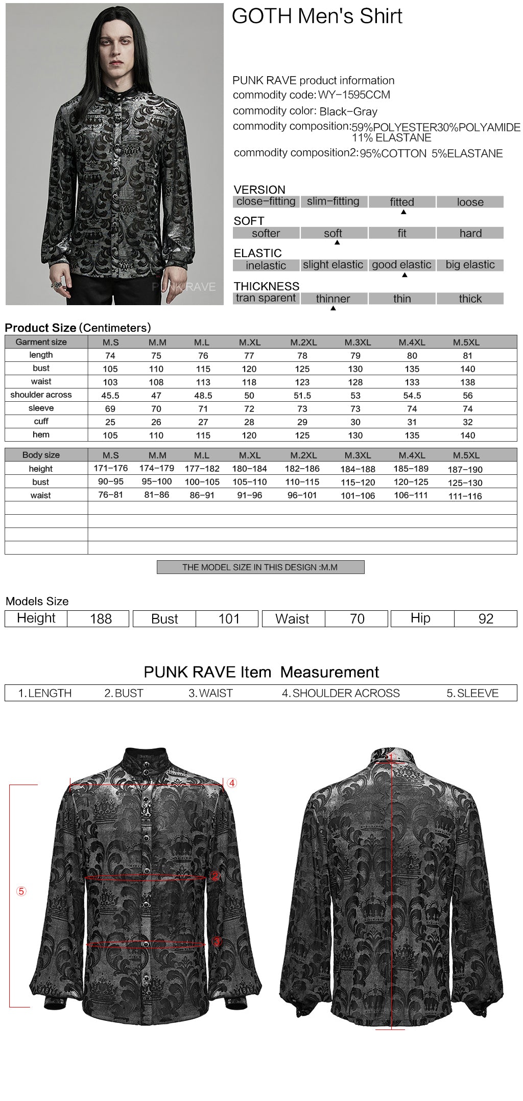 WY-1595CCM Punk Rave Gothic Baroque Patterned Satin Shirt for Men