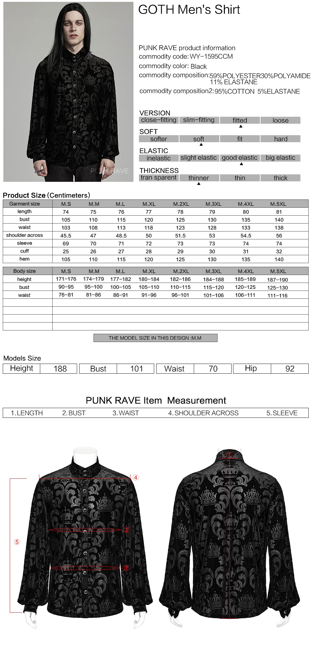 WY-1595CCM Punk Rave Gothic Baroque Patterned Satin Shirt for Men?-??Punk Rave Clothing
