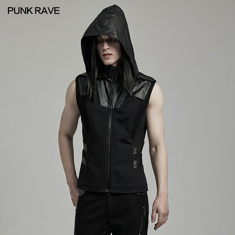 WY-1598MJM Techwear-Inspired Hooded Punk Vest with Leather Accents