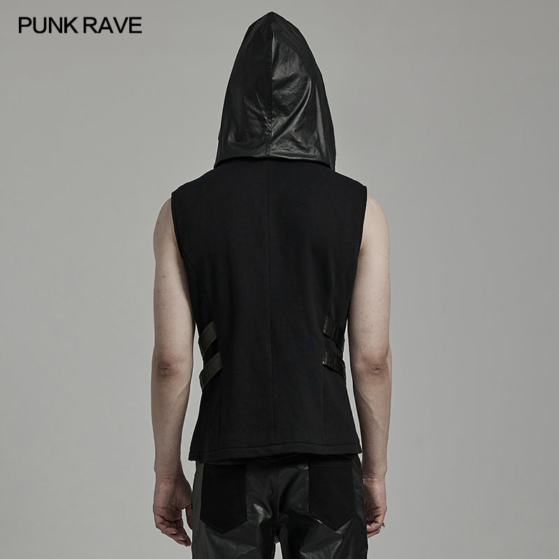 WY-1598MJM Techwear-Inspired Hooded Punk Vest with Leather Accents