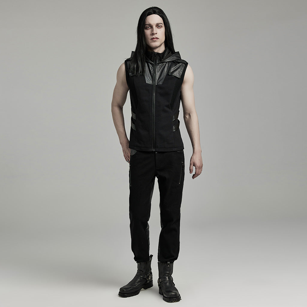 WY-1598MJM Techwear-Inspired Hooded Punk Vest with Leather Accents