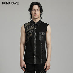 WY-1606CWM Mens Asymmetric Mesh Punk Sleeveless Shirt with Rivet Detail