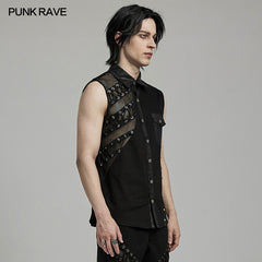 WY-1606CWM Mens Asymmetric Mesh Punk Sleeveless Shirt with Rivet Detail