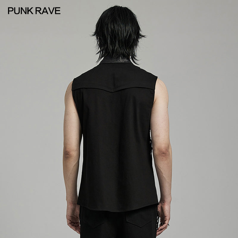 WY-1606CWM Mens Asymmetric Mesh Punk Sleeveless Shirt with Rivet Detail?-??Punk Rave Clothing