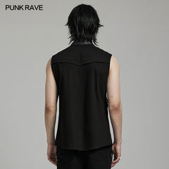 WY-1606CWM Mens Asymmetric Mesh Punk Sleeveless Shirt with Rivet Detail