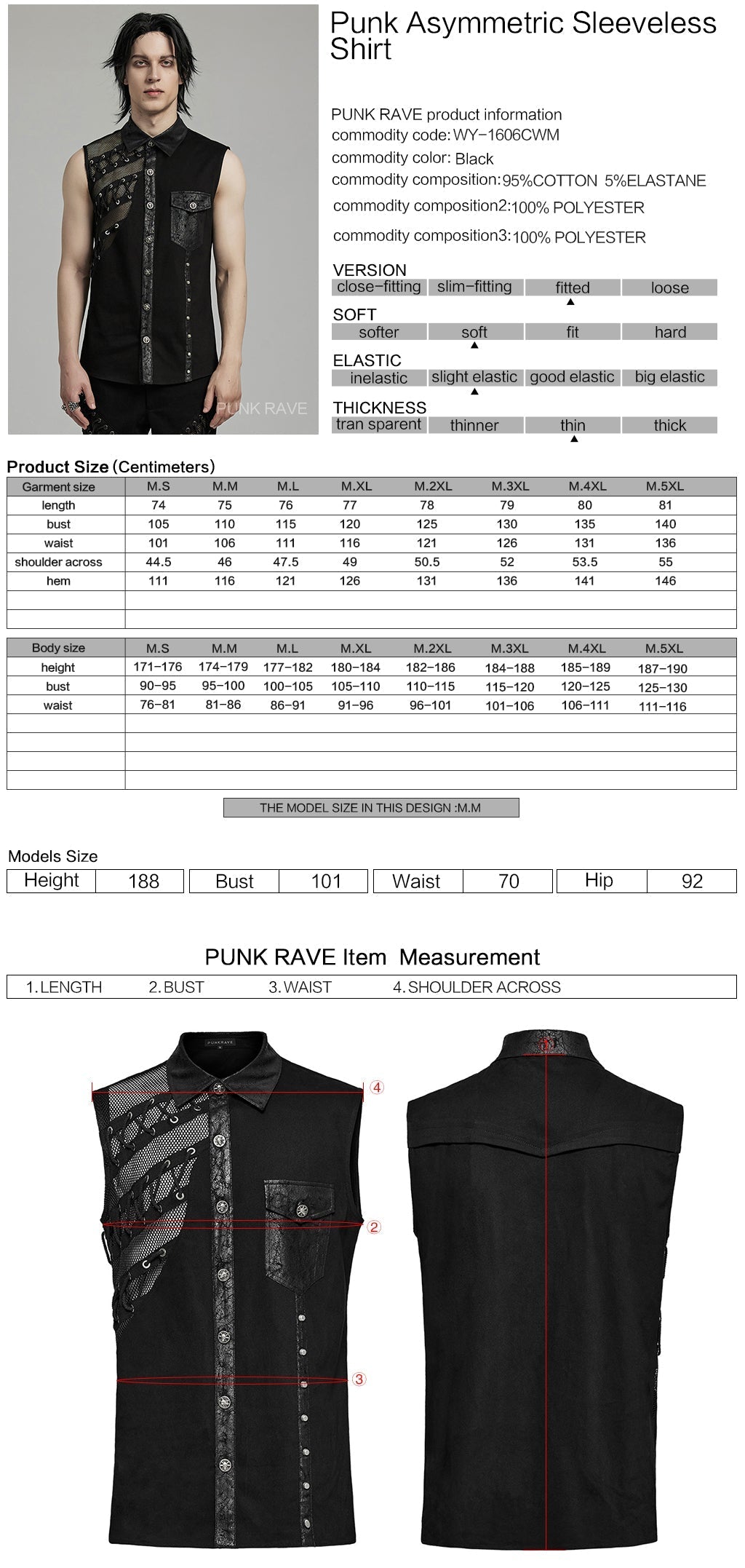 WY-1606CWM Mens Asymmetric Mesh Punk Sleeveless Shirt with Rivet Detail?-??Punk Rave Clothing