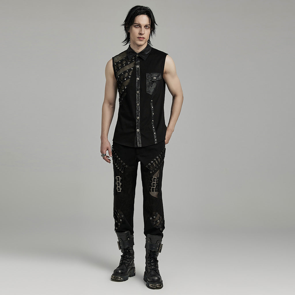 WY-1606CWM Mens Asymmetric Mesh Punk Sleeveless Shirt with Rivet Detail