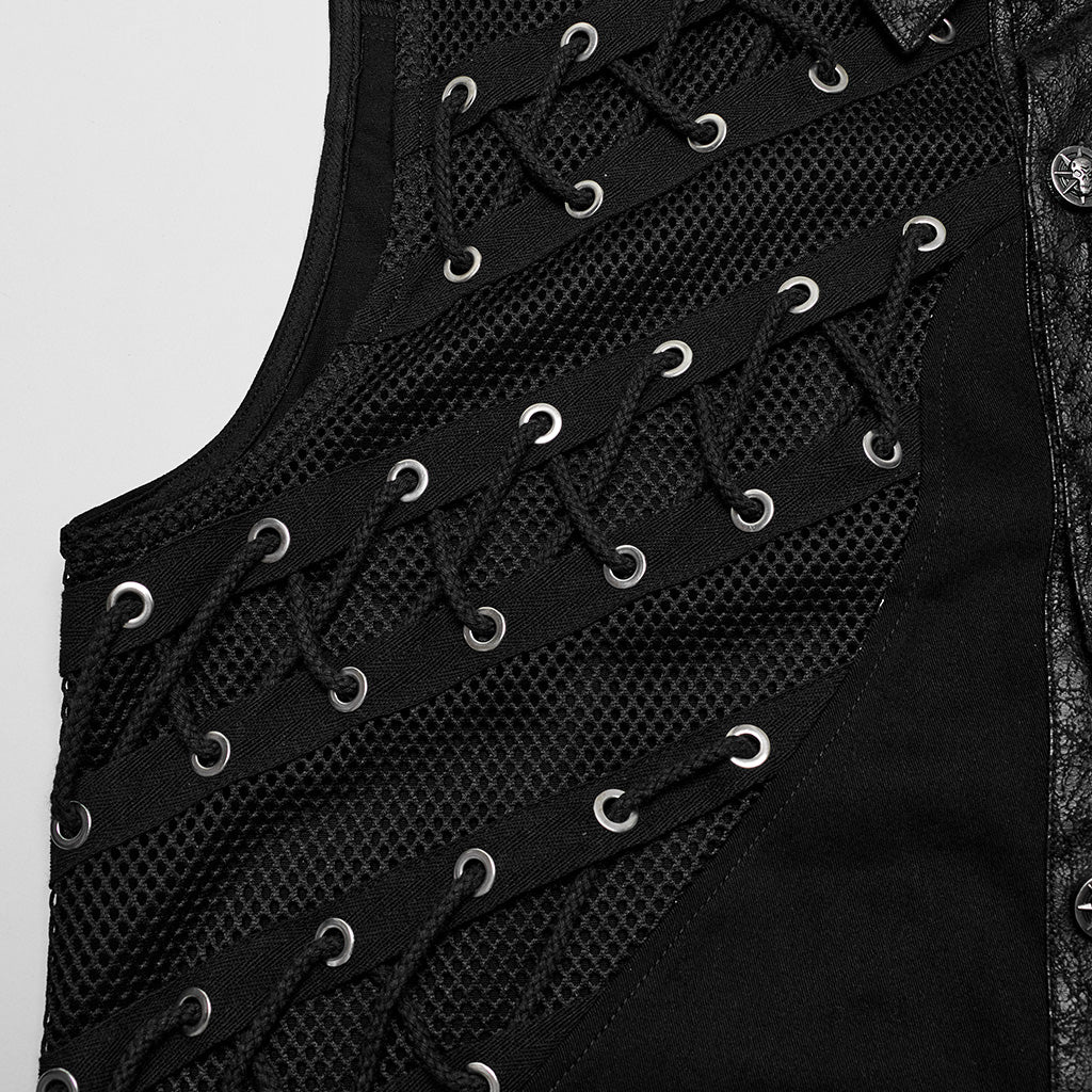 WY-1606CWM Mens Asymmetric Mesh Punk Sleeveless Shirt with Rivet Detail