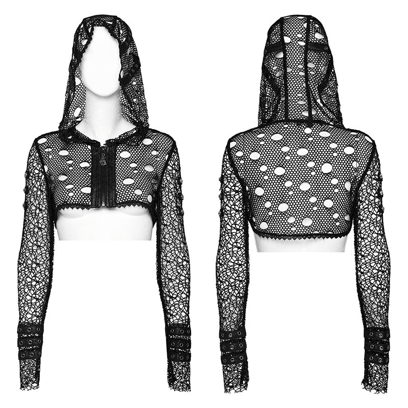 WY-1608XDF Edgy Hooded black Mesh Punk Jacket with Ripped Details