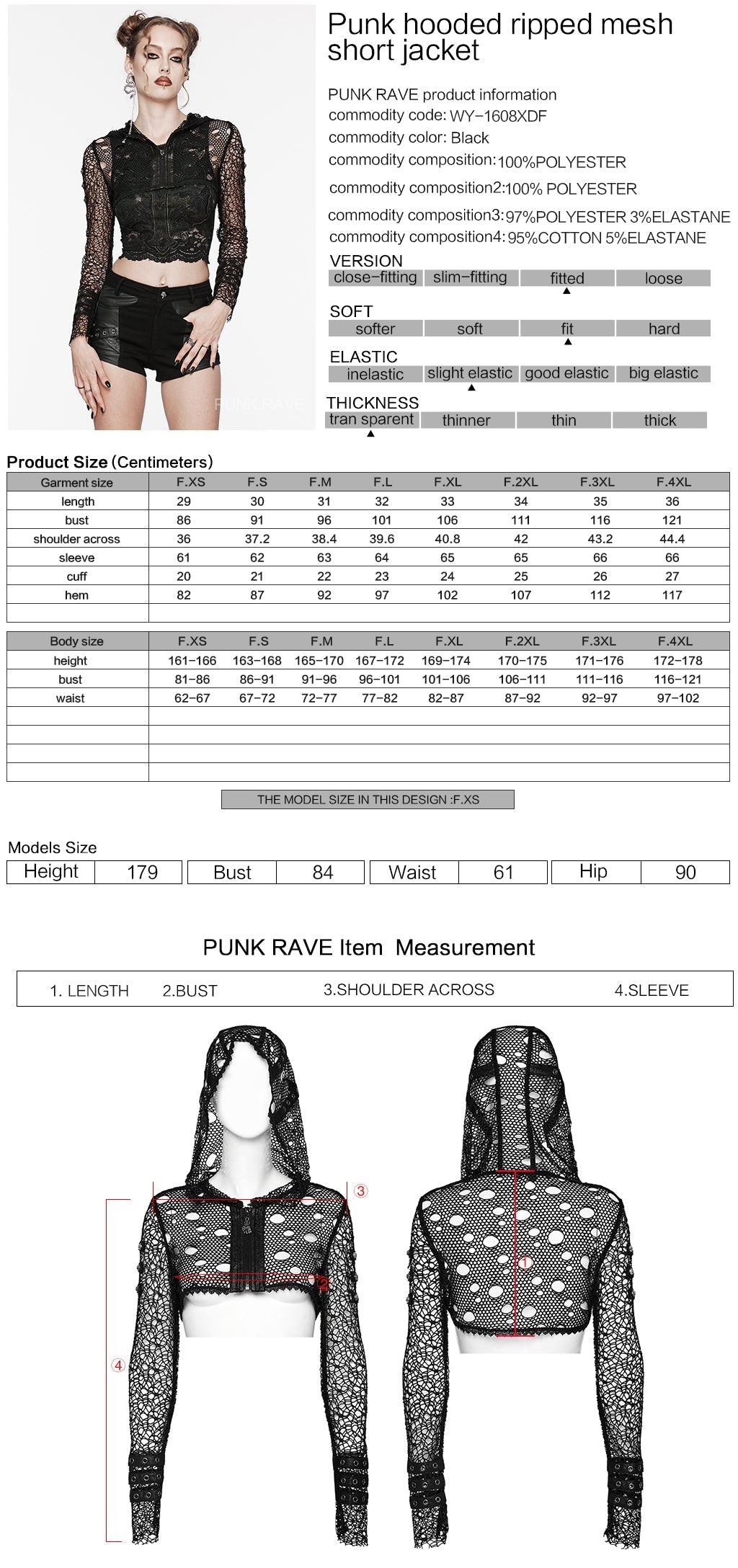 WY-1608XDF Edgy Hooded black Mesh Punk Jacket with Ripped Details?-??Punk Rave Clothing