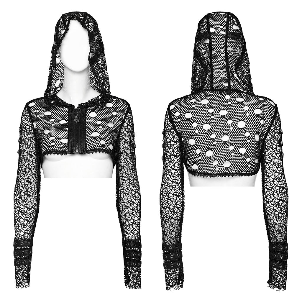 WY-1608XDF Edgy Hooded black Mesh Punk Jacket with Ripped Details