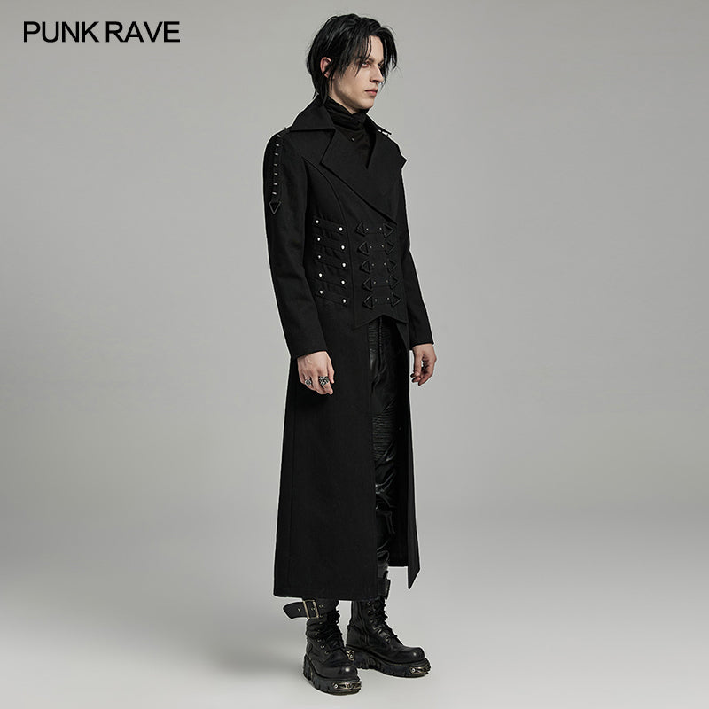 WY-1609XCM Gothic Long Coat with Spiked Shoulders False Lace-Up Detail?-??Punk Rave Clothing