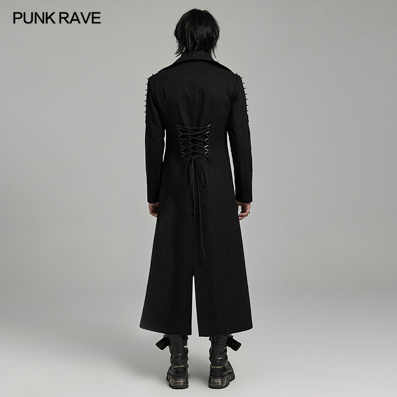 WY-1609XCM Gothic Long Coat with Spiked Shoulders False Lace-Up Detail?-??Punk Rave Clothing