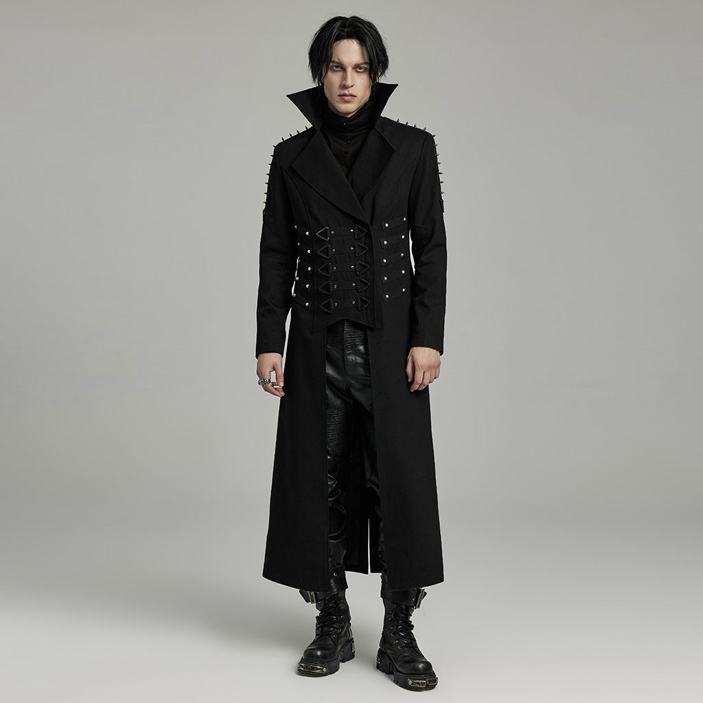 WY-1609XCM Gothic Long Coat with Spiked Shoulders False Lace-Up Detail?-??Punk Rave Clothing