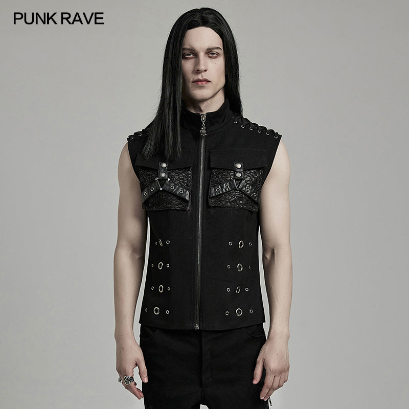 WY-1610MJM Gothic Sleeveless Punk Vest with Rivet Details?-??Punk Rave Clothing