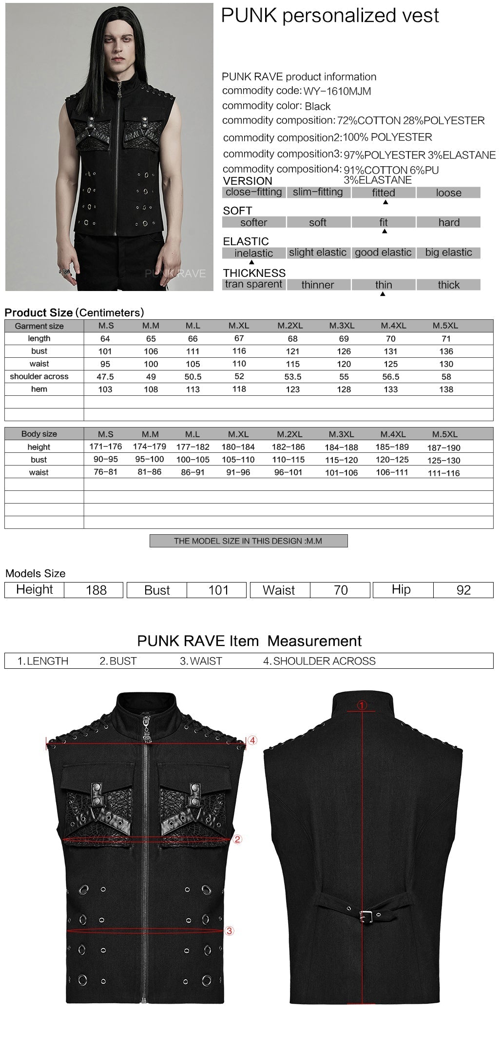 WY-1610MJM Gothic Sleeveless Punk Vest with Rivet Details?-??Punk Rave Clothing