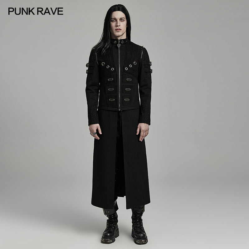 WY-1611XCM Detachable black Punk Coat with Grommet Detail and High Collar