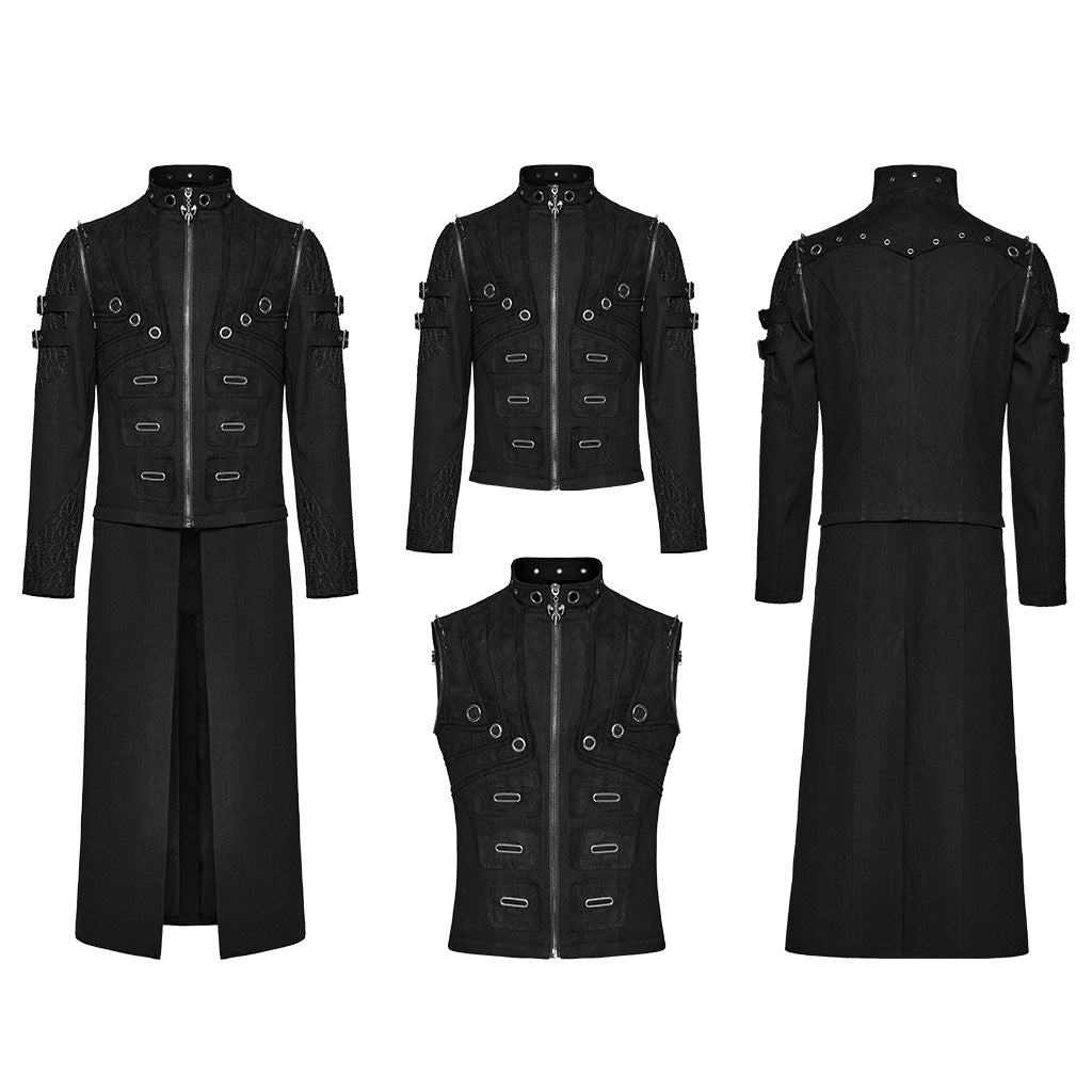 WY-1611XCM Detachable black Punk Coat with Grommet Detail and High Collar