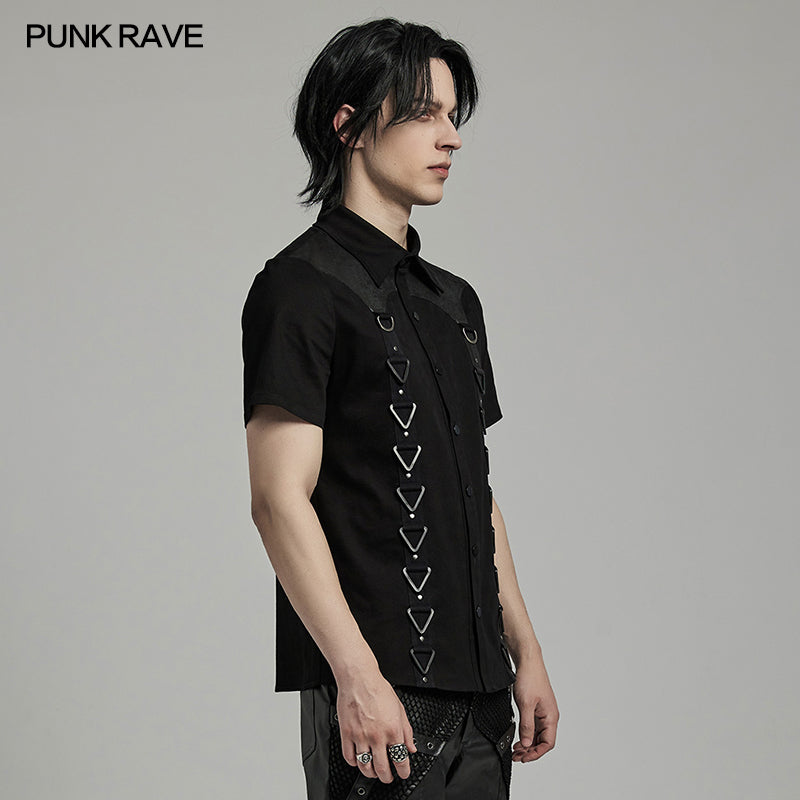 WY-1612XDM Gothic Punk black Triangle Buckle Shirt with Leather Accents