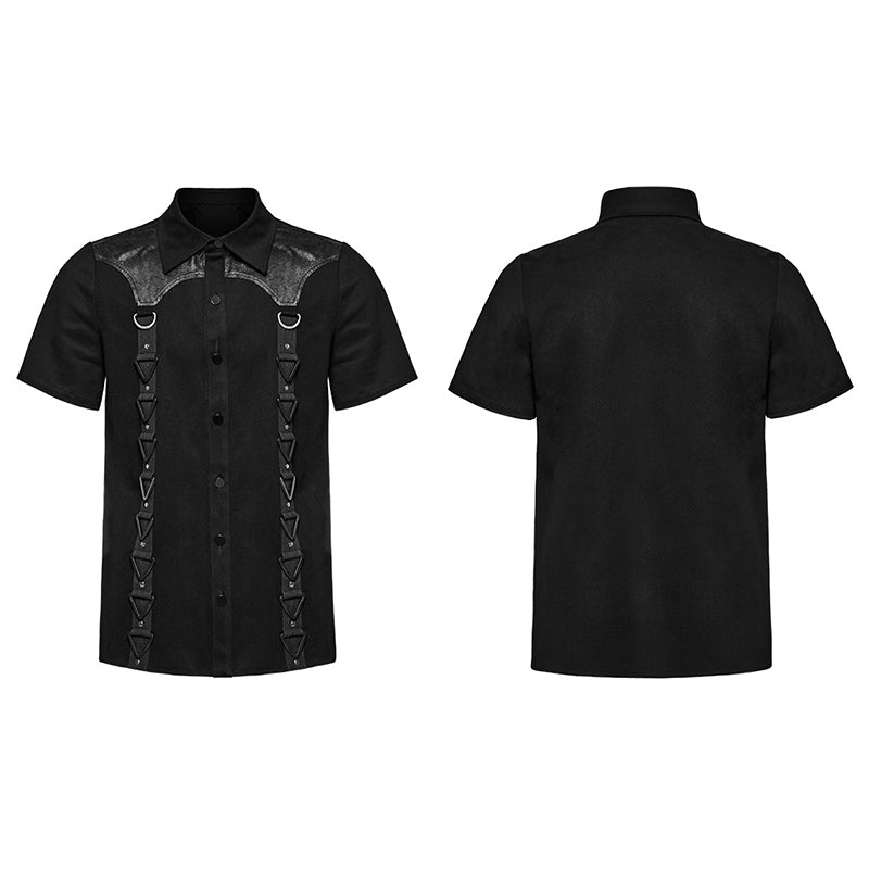 WY-1612XDM Gothic Punk black Triangle Buckle Shirt with Leather Accents