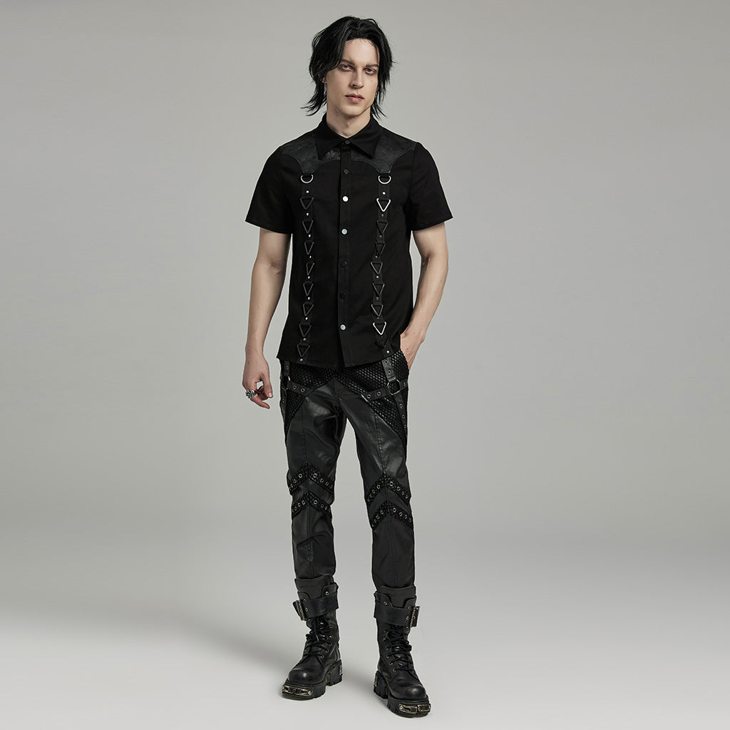 WY-1612XDM Gothic Punk black Triangle Buckle Shirt with Leather Accents